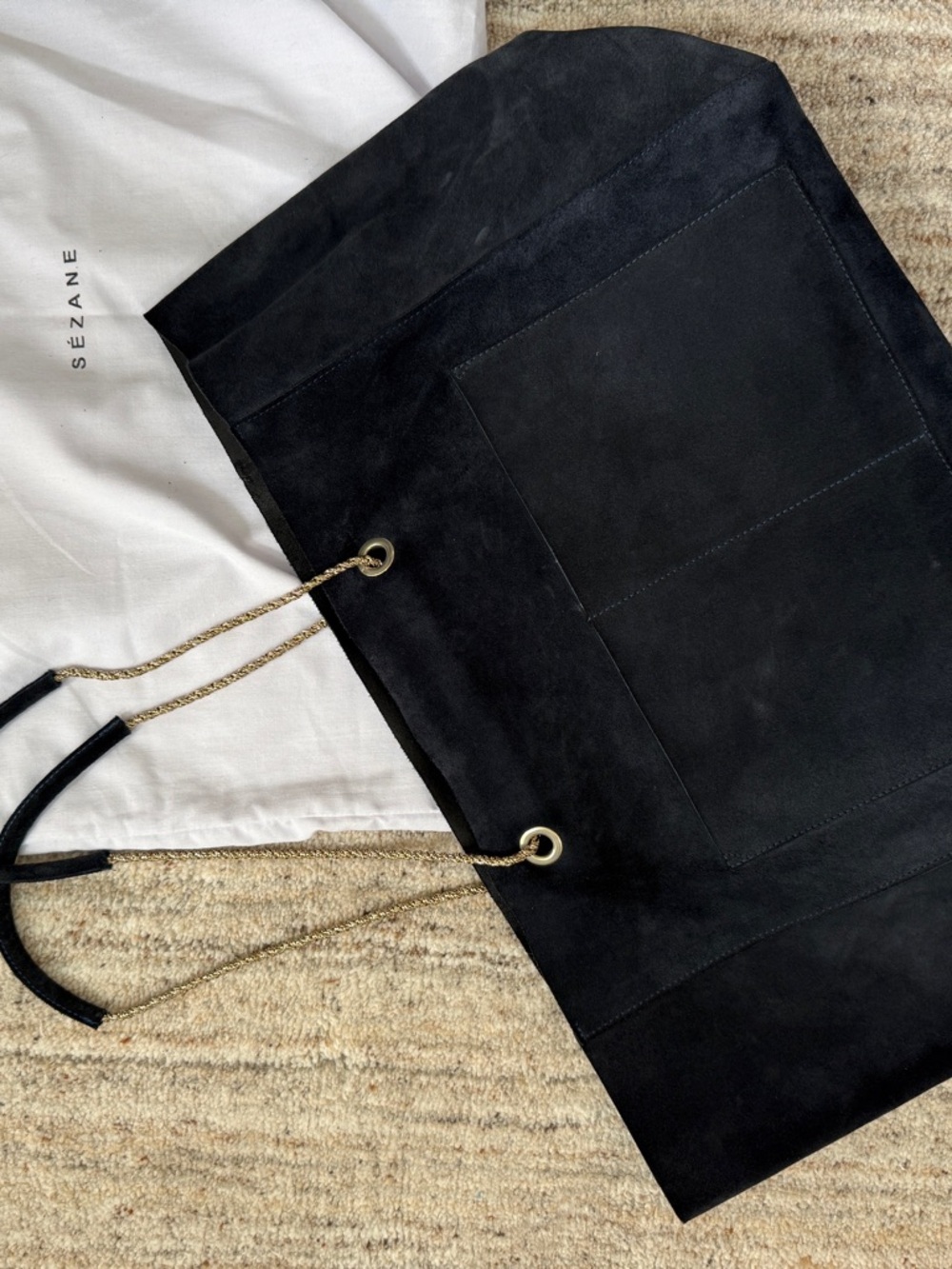 Sézane Gaby Suede Tote | Navy Blue | Gold Chain Strap | Large Bag w/ Dust Bag - Picture 2 of 7